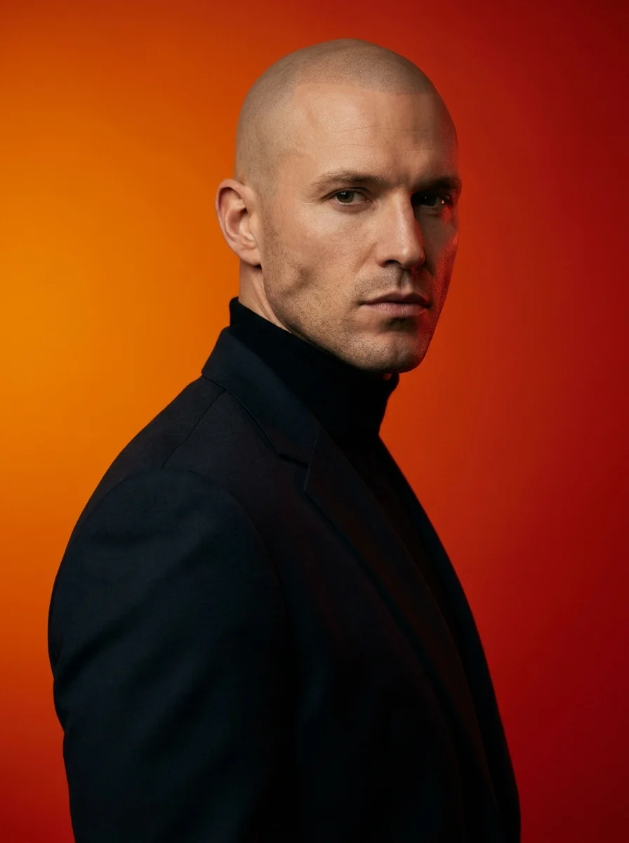 Full-scalp shaved look — male, 38